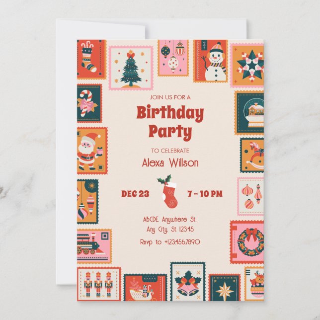 Invitación cumpleaños de estampado de correo de navidad (Anverso)
