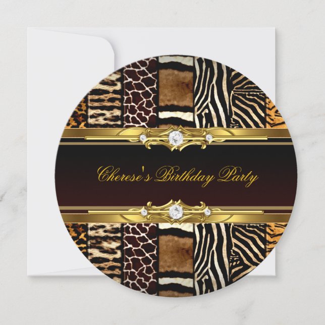Invitación Cumpleaños de Estampados de Animales Mixtos Dorado (Anverso)