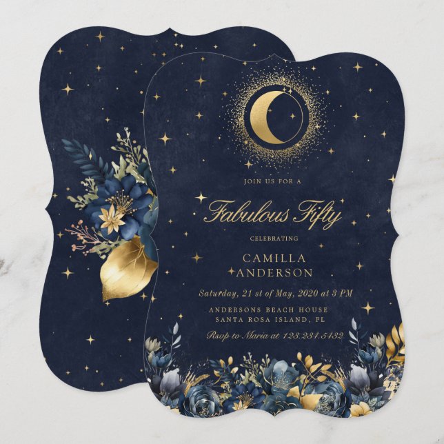 Invitación Cumpleaños de estrellas azules florales celestiale (Anverso / Reverso)