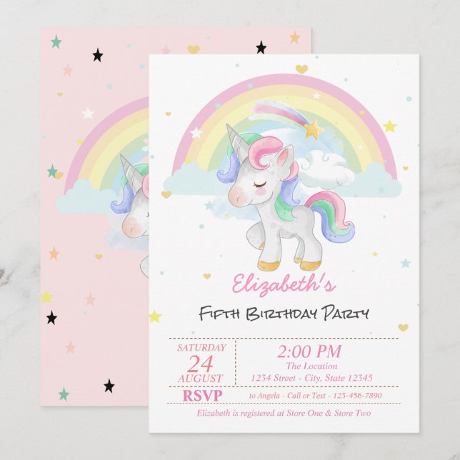 Invitación Cumpleaños de estrellas de arcoíris de unicornio m (Anverso / Reverso)
