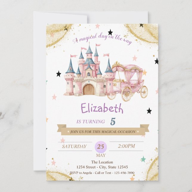 Invitación Cumpleaños de estrellas de carruaje de castillo de (Anverso)