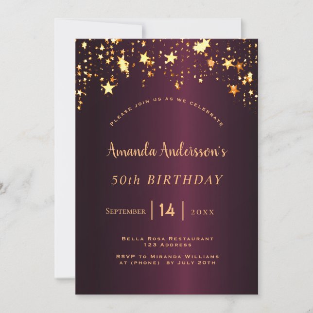Invitación cumpleaños de estrellas de oro de Borgoña (Anverso)