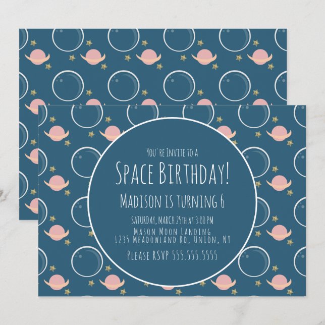 Invitación Cumpleaños de estrellas de oro de la galaxia espac (Anverso / Reverso)
