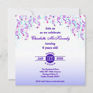 Invitación Cumpleaños de estrellas y serpentinas rosadas y mo