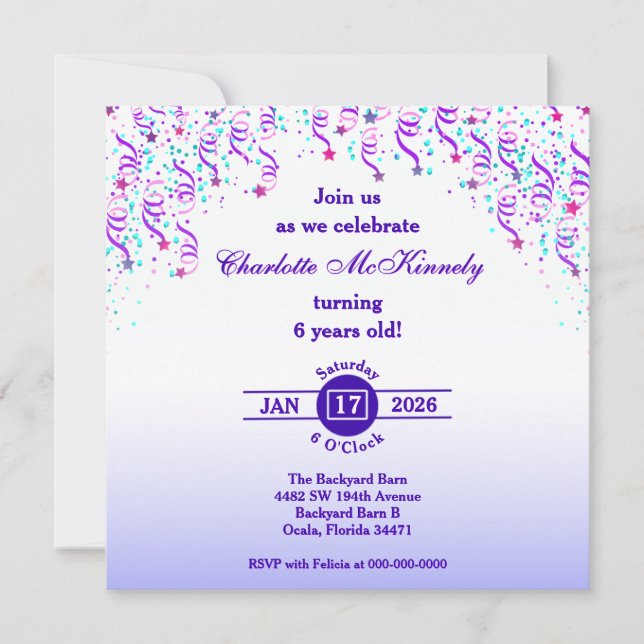 Invitación Cumpleaños de estrellas y serpentinas rosadas y mo (Anverso)