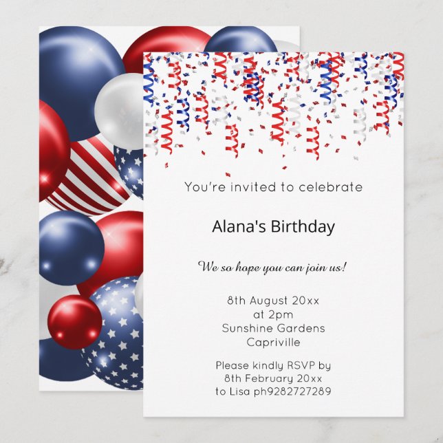 INVITACIÓN CUMPLEAÑOS DE ESTRÉS PATRIÓTICO ROJO AZUL BLANCO (Anverso / Reverso)