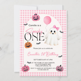 Invitación Cumpleaños de fantasma rosa lindo de Halloween 1er