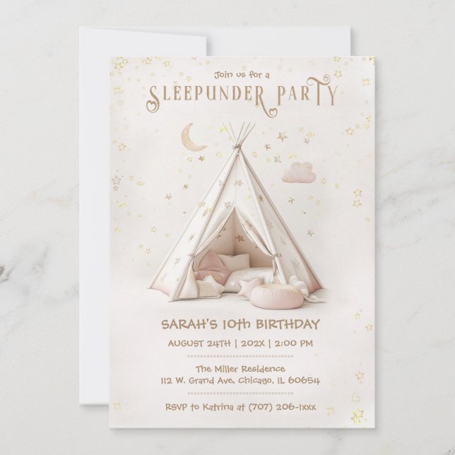 Invitación Cumpleaños de fiesta Boho editable para dormir deb (Anverso)