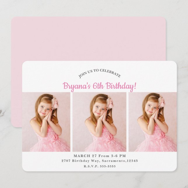 Invitación Cumpleaños de fiesta de 3 fotos personalizadas (Anverso / Reverso)