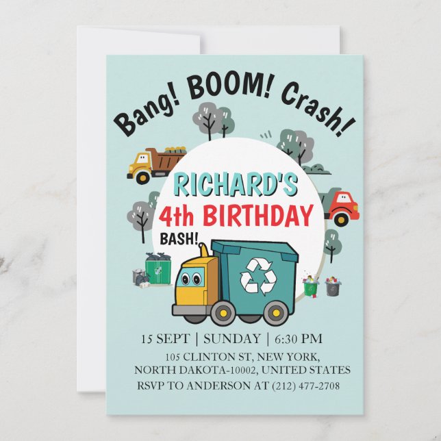 Invitación Cumpleaños de fiesta de basura para niños con tema (Anverso)