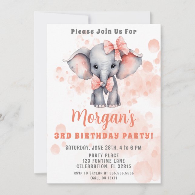 Invitación Cumpleaños de fiesta de cumpleaños de elefante lin (Anverso)