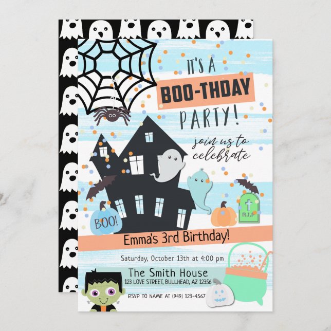 Invitación Cumpleaños de fiesta de Halloween pastel de niños (Anverso / Reverso)