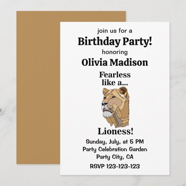 Invitación Cumpleaños de fiesta de leona animal intrépida (Anverso / Reverso)