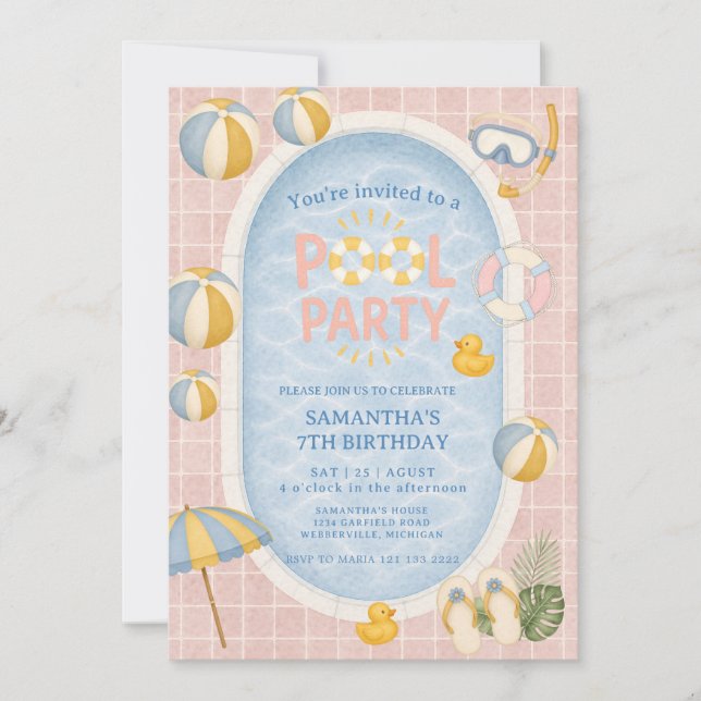 Invitación Cumpleaños de fiesta de natación de niño de verano (Anverso)