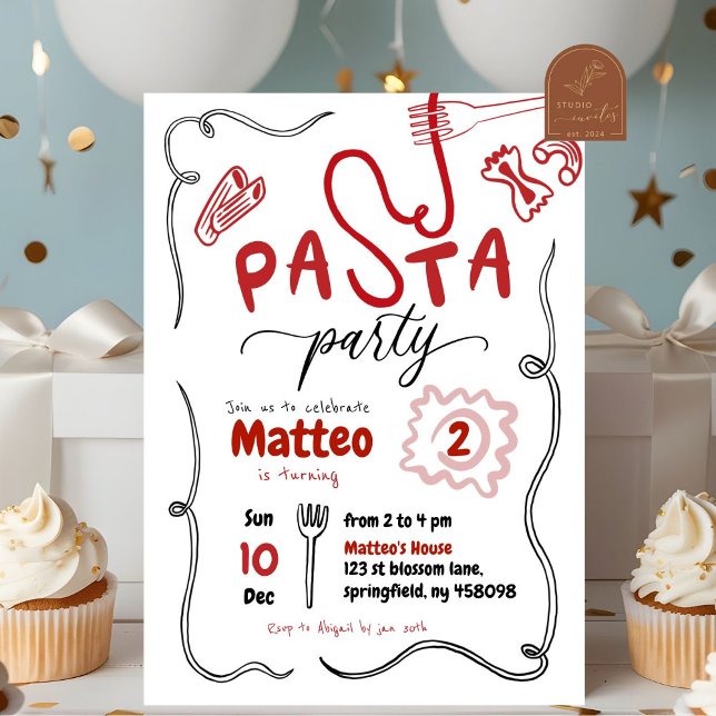 Invitación Cumpleaños de fiesta de pasta roja dibujada a mano (Subido por el creador)