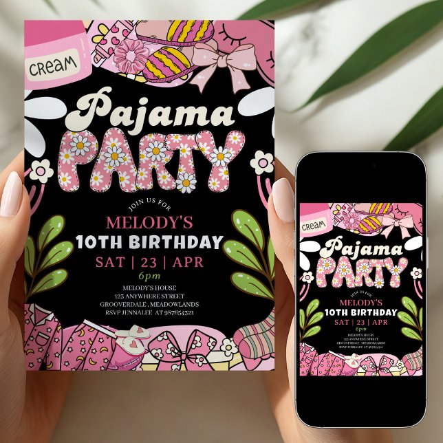 Invitación Cumpleaños de fiesta de pijamas de margarita rosa  (Subido por el creador)