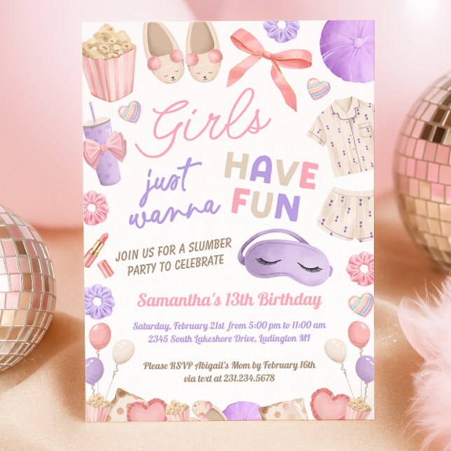 Invitación Cumpleaños de fiesta de pijamas rosa y morado (Sleepover Birthday Party Invitation)
