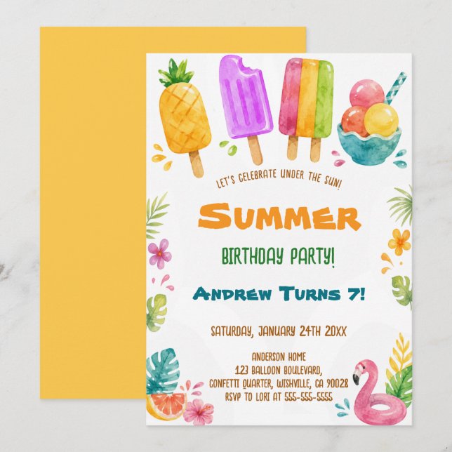 Invitación Cumpleaños de fiesta de piscina de helado de veran (Anverso / Reverso)
