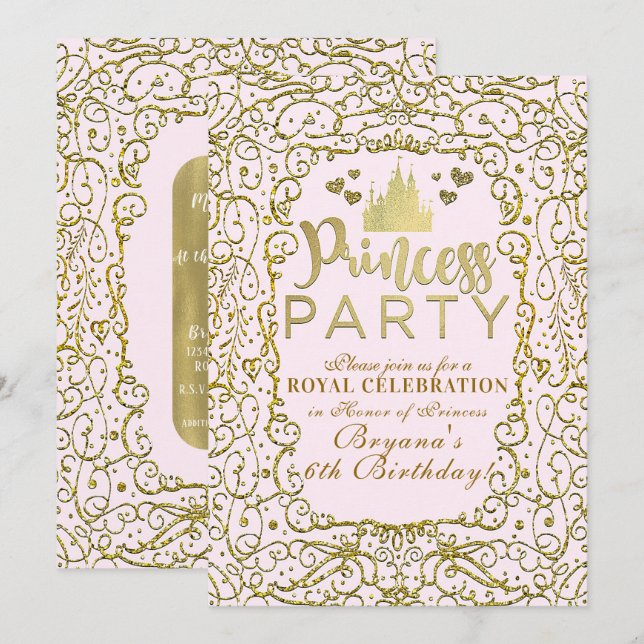 Invitación Cumpleaños de fiesta de princesa CASTILLO ROSA Y O (Anverso / Reverso)