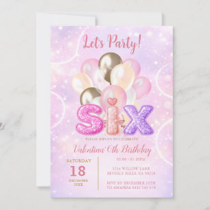Invitación Cumpleaños de fiesta de seis globos rosa púrpura b