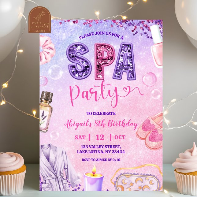 Invitación Cumpleaños de fiesta de SPA de lentejuelas rosa pú (Subido por el creador)