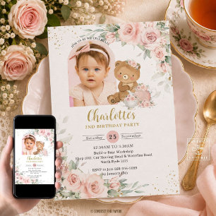 Invitación Cumpleaños de fiesta de té con osito floral rosa r