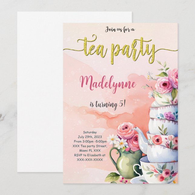 Invitación Cumpleaños de fiesta de té editable (Anverso / Reverso)