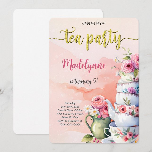 Invitación Cumpleaños de fiesta de té editable (Anverso / Reverso)
