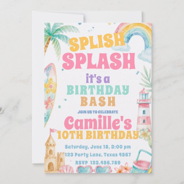 Invitación Cumpleaños de fiesta de verano en la piscina Splas (Anverso)