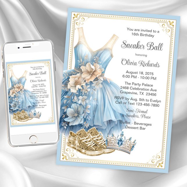 Invitación Cumpleaños de fiesta de zapatillas de oro Baby Blu (Baby blue gold sneaker ball invitation. Instant download and printed invitations available.)