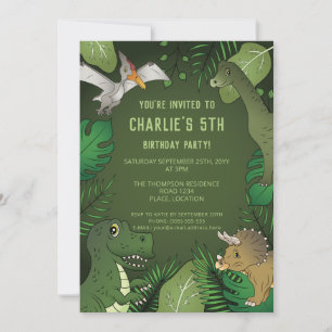 Invitación Cumpleaños de fiesta del dinosaurio verde tropical