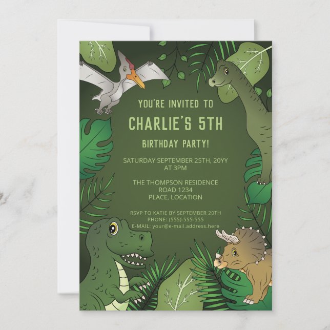 Invitación Cumpleaños de fiesta del dinosaurio verde tropical (Anverso)