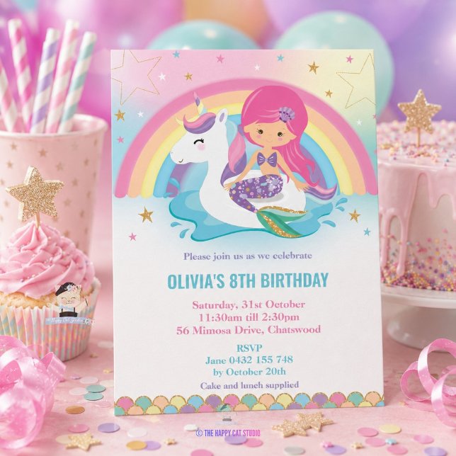 Invitación Cumpleaños de fiesta en la piscina de arcoíris de  (Mermaid and Unicorn Rainbow Pool Party Birthday Invitation )