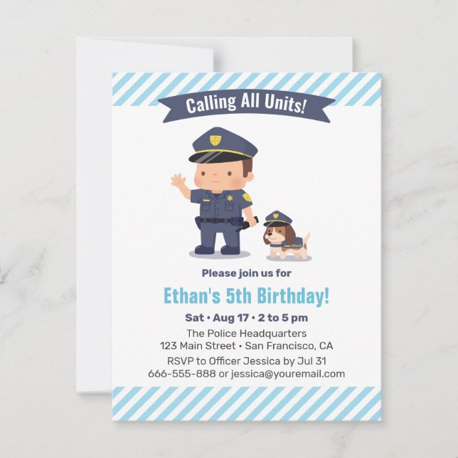 Invitación Cumpleaños de fiesta temática de policía de niño y (Anverso)