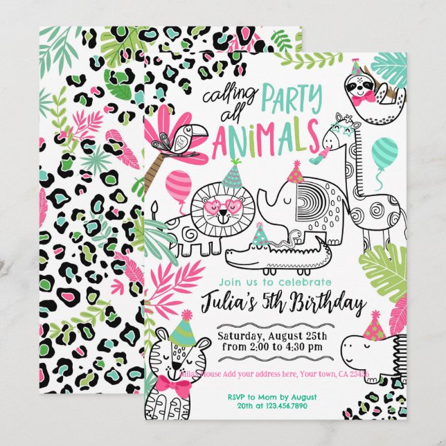 Invitación Cumpleaños de fiestas Animales (Anverso / Reverso)