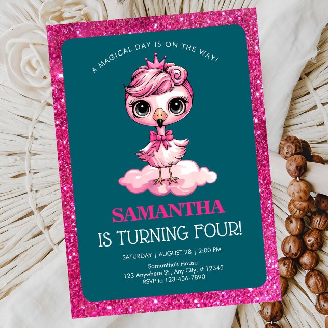 Invitación Cumpleaños de flamenco lindo con corona (Subido por el creador)