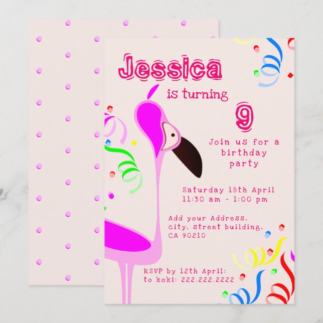 Invitación Cumpleaños de Flamenco Rosa (Anverso / Reverso)