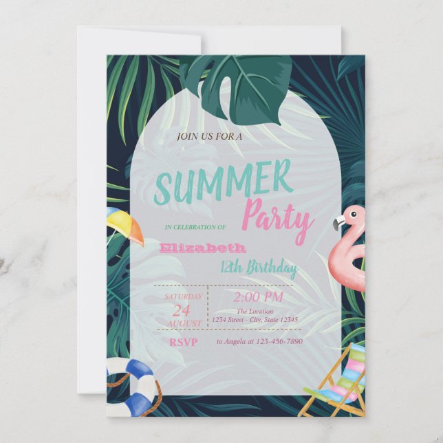 Invitación Cumpleaños de flamenco rosa hoja de palma (Anverso)