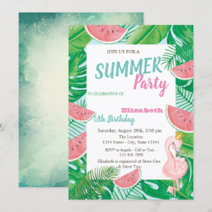 Invitación Cumpleaños de Flamenco Rosa Sandía Hoja de Palma
