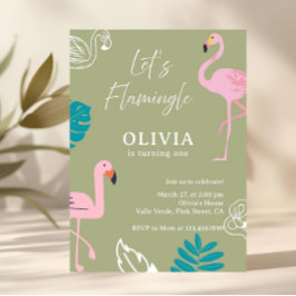 Invitación Cumpleaños de Flamingle Flamingo Verde Salvia