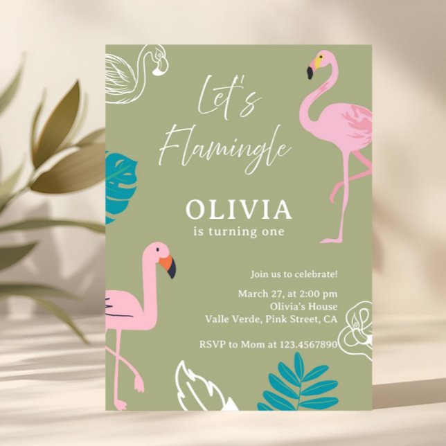 Invitación Cumpleaños de Flamingle Flamingo Verde Salvia (pink flamingo
tropical birthday
summer birthday
girl birthday party
flamingo invitation
tropical par)
