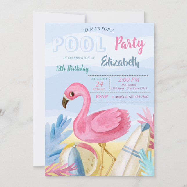 Invitación Cumpleaños de Flamingos en Fiesta de Piscina (Anverso)