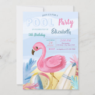 Invitación Cumpleaños de Flamingos en Fiesta de Piscina
