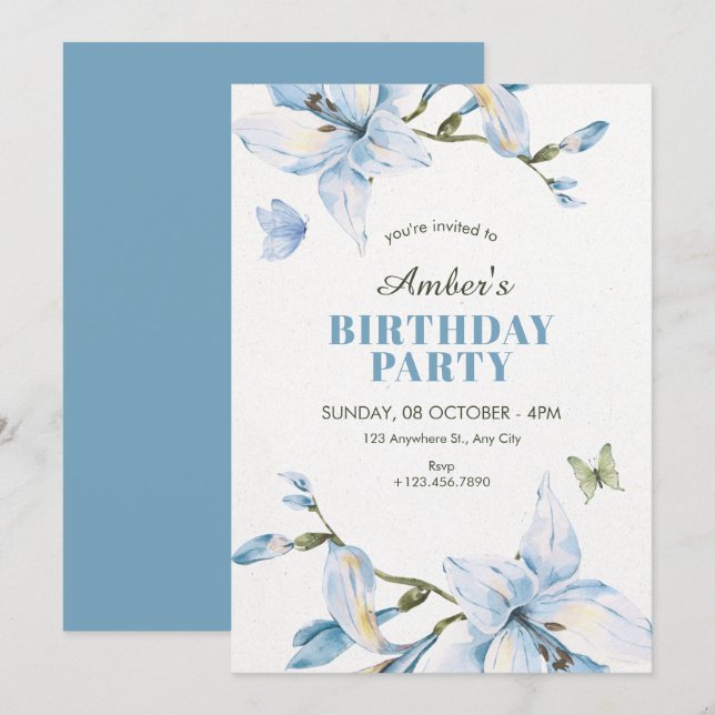 Invitación Cumpleaños de flor azul estética en flor (Anverso / Reverso)