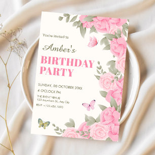 Invitación Cumpleaños de flor de flor rosa