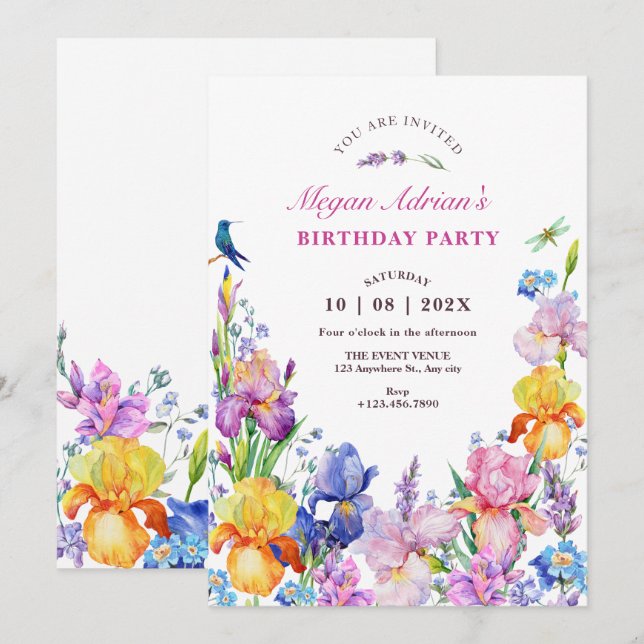 Invitación cumpleaños de flor morada de jardín (Anverso / Reverso)