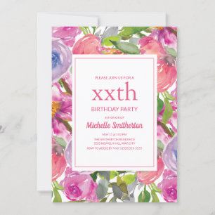 Invitación Cumpleaños de flor silvestre acuarela rosa púrpura