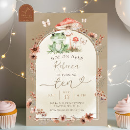 Invitación Cumpleaños de flor silvestre de rana y hongo boho