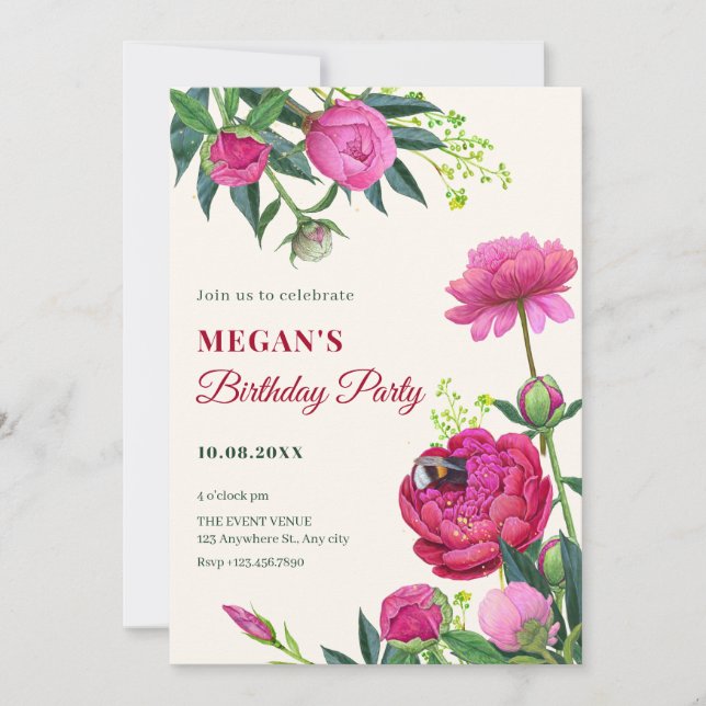 Invitación cumpleaños de floración floral (Anverso)