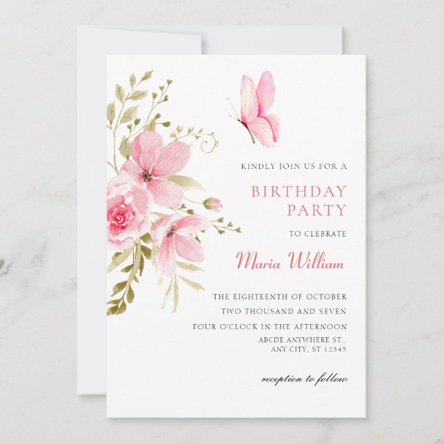 Invitación cumpleaños de floración floral rosa (Anverso)
